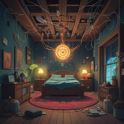A mystical illustration depicting a broken electrical device, surrounded by ethereal energy and glowing symbols, representing spiritual disruption, a dimly lit room filled with shadows, a sense of tranquility mixed with unease, elements of nature intertwining with technology, dreamlike atmosphere, 4k