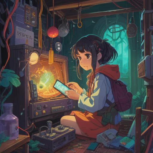 A vibrant illustration of a character discovering a lucky charm among broken electronic devices, bright colors, a sense of hope and determination, the charm glowing softly, tools scattered around, contrasting chaos and good luck, immersive details of the electronic gadgets, dynamic composition, 4k