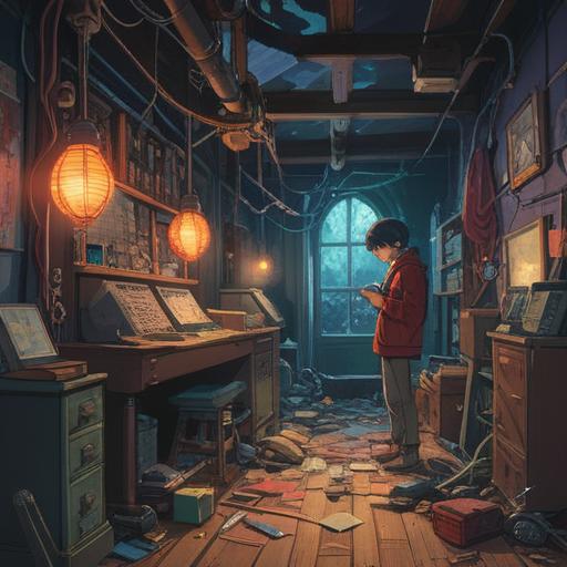 A broken machine partially dismantled, tools scattered around, sparks flying, a person inspecting the components with curiosity, a bright light illuminating the scene, a sense of hope and innovation, vibrant colors, dynamic composition, 4k