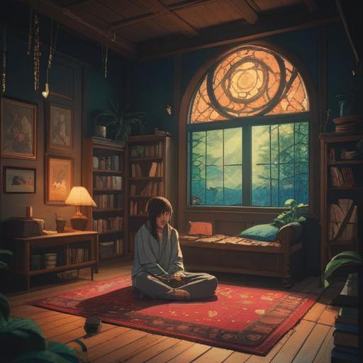 A mysterious scene depicting a room suddenly plunged into darkness, soft glowing orbs of light illuminating the surroundings, a serene figure meditating, a sense of calm and positivity in the air, ethereal atmosphere, connected to spiritual awareness, dynamic shadows, 4k