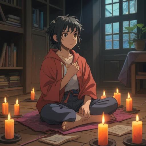 A serene indoor scene during a power outage, soft candlelight flickering, a person sitting cross-legged on the floor, meditative posture, closed eyes, deep breathing, surrounded by cozy blankets and cushions, warm and calming atmosphere, gentle shadows, comforting personal items around, 4k