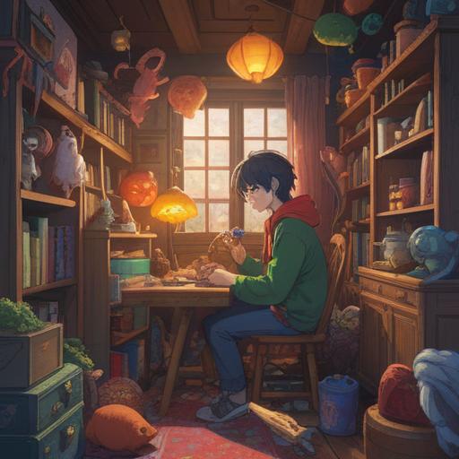 A whimsical illustration of a person surrounded by various lucky items, soft colors, gentle lighting, cozy indoor setting, items like a lucky rabbit's foot, four-leaf clover, and magic charms scattered around, expressive facial expression of surprise and curiosity, inviting atmosphere, 4k
