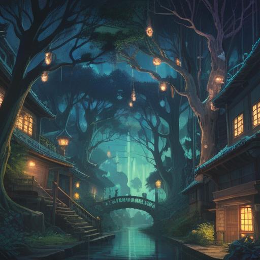 A mystical scene depicting the moment when the lights suddenly go out, ethereal shadows dancing, a sense of tranquility mixed with mystery, symbolic representations of energy and spirit, celestial motifs intertwining with darkness, contrasting brightly lit areas, a fleeting sense of enlightenment, serene expressions on characters, dreamlike ambiance, 4k