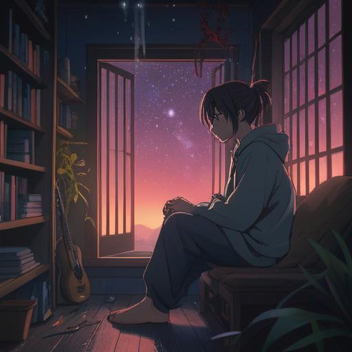 A serene, introspective scene depicting a person sitting quietly in a darkened room, surrounded by faint glimmers of light from candles, reflecting on their thoughts, a journal open beside them, a cup of warm tea steaming gently, the atmosphere calm and reflective, emphasizing inner peace and mental clarity, soft shadows, 4k