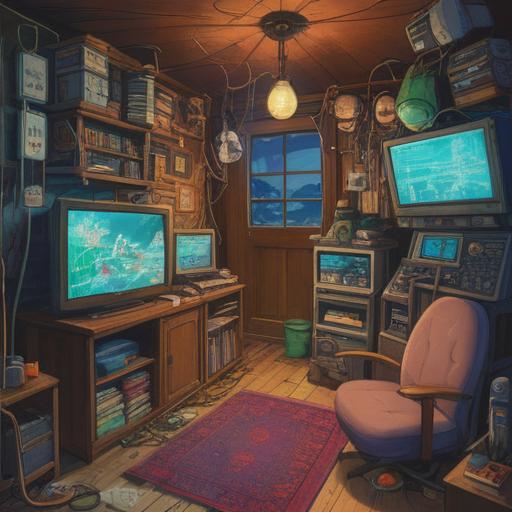 A mystical illustration depicting an array of household electronics exhibiting signs of malfunction, symbolic manifestations of inner turmoil, ethereal glow emanating from the devices, surreal setting with a dreamy atmosphere, intricate details showcasing wires and sparks, metaphysical interpretation of energy disturbances, soft pastel color palette, 4k