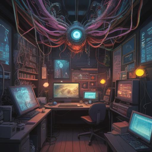 A surreal illustration depicting malfunctioning electronic devices, ethereal glow, hints of spiritual energy, interconnected wires symbolizing harmony, calming aura surrounding the devices, mystical elements emerging from broken screens, thought-provoking atmosphere, vibrant colors, 4k