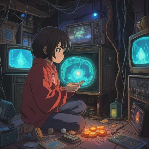 A magical scene featuring a person holding a shimmering lucky stone, surrounded by various malfunctioning electronic devices like a flickering television, buzzing microwave, and a misbehaving laptop, soft glowing light emanating from the lucky stone, serene expressions, a touch of hope in the air, mystical ambiance, vibrant colors, detailed background of a cozy living room, 4k