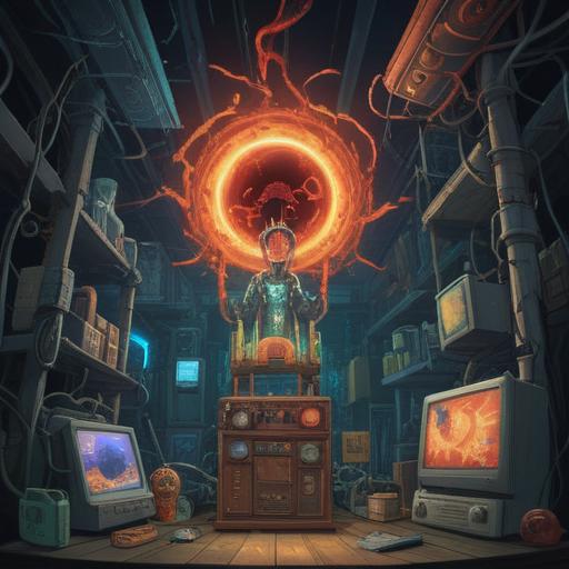 A surreal depiction of electrical appliances malfunctioning, symbolic representation of spiritual disturbances, broken devices emitting ethereal energy, an atmosphere of unease and mystery, ghostly figures interacting with the gadgets, a darkened room filled with flickering lights, spiritual symbolism in the chaos, 4k