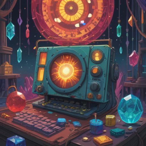 A whimsical and surreal illustration of a broken electronic device, surrounded by sparkling lucky crystals, colorful light effects, magical aura, intricate details on the crystals, contrasting textures, bright and vibrant color palette, playful atmosphere, 4k