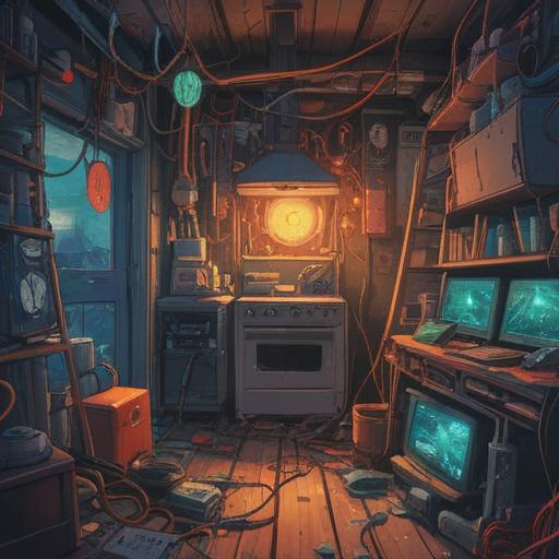 A spiritual representation of broken electrical appliances, ethereal glow surrounding malfunctioning gadgets, symbolic imagery of energy disruption, vibrant color contrasts, surreal environment blending technology and mysticism, abstract interpretation of spiritual messages conveyed through broken devices, thought-provoking composition, 4k