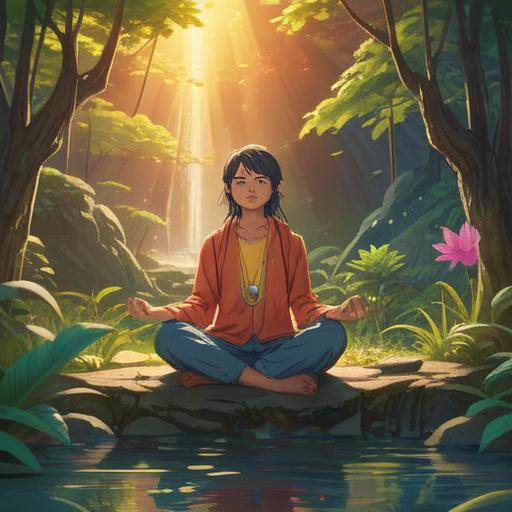 A serene and inspiring scene depicting a person meditating in a tranquil environment, surrounded by nature, glowing aura representing positive energy, sunlight filtering through trees, peaceful facial expression, soft breeze rustling leaves, a journal and crystals nearby symbolizing mindfulness, harmonious colors, uplifting atmosphere, 4k