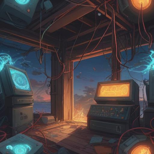 A symbolic illustration of spiritual meaning behind broken electrical appliances, mystical energy radiating from a shattered device, ethereal light surrounding the fragments, personification of the appliance in distress, deep emotional resonance, abstract representation of technology and spirit, reflective background, harmonious blend of chaos and tranquility, 4k