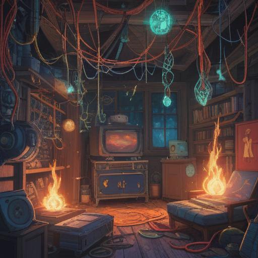 A mystical illustration depicting electrical appliances breaking down, symbolic spiritual signs, glowing energy patterns, ethereal light, warning symbols in the background, vibrant colors, surreal atmosphere, interconnected appliances, 4k