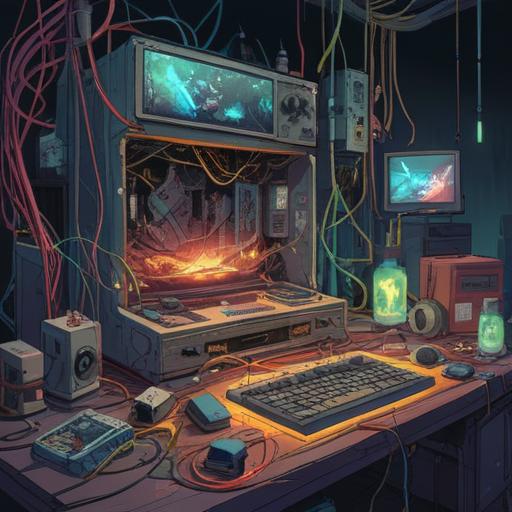 A thought-provoking illustration of broken electronic devices, symbolizing transformation and renewal, vibrant colors depicting energy flow, serene atmosphere, elements of recycling and sustainability, intricate details showing repair techniques, inspiring message, 4k