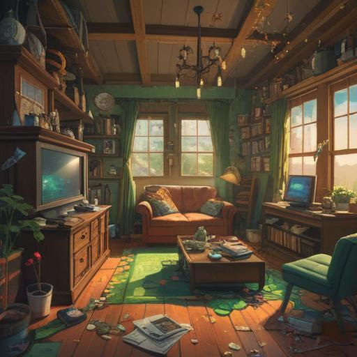 A chaotic living room scene with broken electronic appliances, scattered lucky charms like a four-leaf clover and a horseshoe, sunlight streaming through the window, a distressed person looking at the mess, vibrant colors emphasizing the contrast between chaos and luck, detailed textures on the broken items, 4k