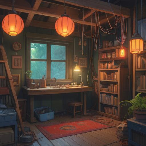 A serene and mystical illustration of a home workshop, soft glowing lights, an ancient electrical device being repaired, ethereal energy surrounding the tools, an aura of positive vibes and spiritual symbols, warm colors, detailed background with plants and crystals, harmonious atmosphere, a sense of wonder and enlightenment, 4k