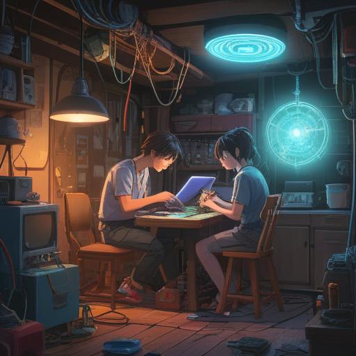 A scene depicting a person repairing various electric appliances, glowing energy around the gadgets, ethereal light reflecting spiritual connections, colorful aura representing caution signs, serene environment with a mystical touch, harmonious blend of technology and spirituality, intricate details in the workshop setting, vibrant colors, 4k