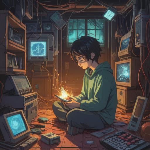 A surreal illustration depicting the spiritual meaning of broken electronic devices, a figure meditating amidst shattered gadgets, ethereal light illuminating the scene, symbolic representations of energy transformation, flowing energy patterns, contrasting modern technology with nature, tranquil expression on the meditator's face, 4k