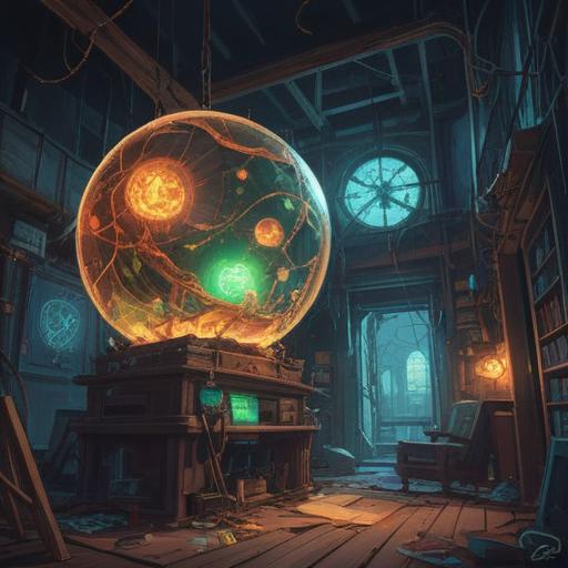 A mysterious and serene scene, broken electronic devices scattered around, a glowing orb of energy above, symbols of warning in the background, ethereal mist surrounding the area, soft light illuminating the chaos, hints of spiritual presence, tranquil yet eerie atmosphere, 4k