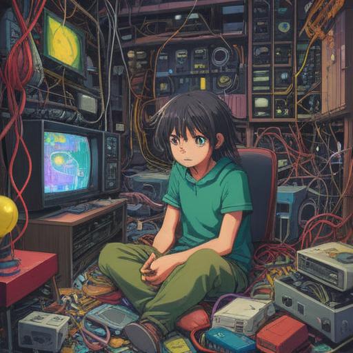 A whimsical illustration of a person surrounded by broken electronics, holding a lucky charm, vibrant colors, playful details, a mix of frustration and hope, enchanted atmosphere, elements of good fortune like four-leaf clovers, stars, and lucky coins, a creative design reflecting the blend of technology and luck, 4k