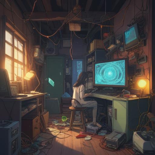 A symbolic illustration depicting the spiritual significance of fragile electronics, a person surrounded by broken appliances, ethereal light emanating from the devices, showcasing vulnerability and personal energy, abstract representations of technology and nature, harmonious yet chaotic atmosphere, thought-provoking imagery, 4k
