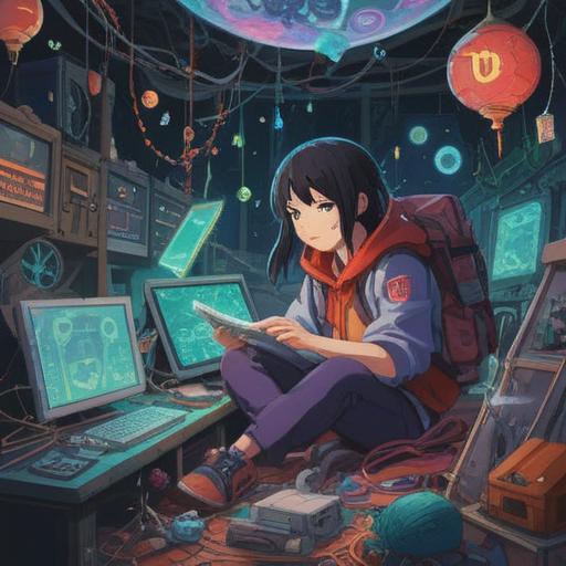 A whimsical illustration of a person surrounded by fragile electronic devices, mystical symbols glowing in the air, a backdrop of swirling colors representing energy, a charm bracelet with lucky items like a lucky cat and a four-leaf clover, ethereal light shining down, conveying a sense of spirituality and hope, 4k