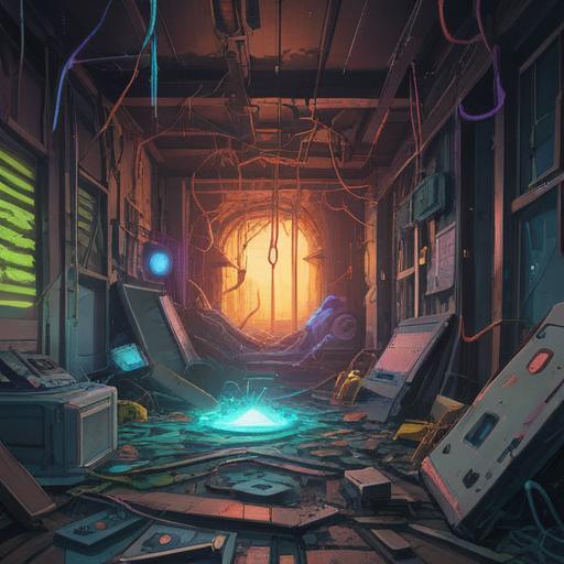 A surreal illustration depicting a broken electronic device, ethereal energy emanating from the cracks, vibrant colors representing emotional turmoil, a shadowy figure reflecting on the loss, elements of nature intertwining with technology, symbolic imagery of rebirth and renewal, dreamlike background, 4k