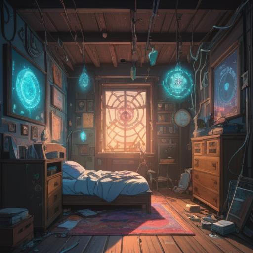 A mystical scene depicting broken electronic devices surrounded by ethereal light, symbols representing spiritual warnings, a calming aura, vibrant colors, deep shadows highlighting the devices, nature elements intertwined, a sense of awareness and reflection, captivating atmosphere, 4k