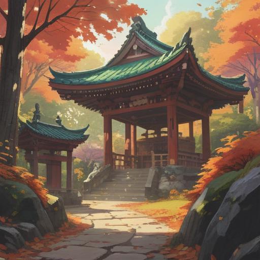 A serene and mystical illustration of Tamura Shrine, surrounded by lush greenery and colorful autumn leaves, ethereal spirit entities, gentle rays of sunlight filtering through the trees, traditional Japanese architecture, a tranquil pond reflecting the shrine, rich cultural symbolism, inviting energy, balanced harmony, high detail, 4k