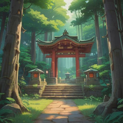 A serene depiction of Tamura Shrine, surrounded by lush greenery and tranquil atmosphere, ethereal light filtering through trees, symbols of spirituality and good fortune, visitors engaging in traditional rituals, peaceful expression of nature's beauty, harmony with the environment, inviting path leading to the shrine, 4k