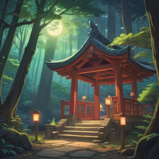 A serene scene at Tamura Shrine, mystical atmosphere, subtle spiritual signs like gentle lights and ethereal shadows, ancient trees framing the shrine, a tranquil pond reflecting the surroundings, quiet pathways inviting exploration, harmonious nature, 4k