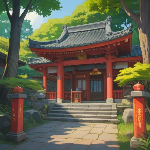 A serene visit to Tamura Shrine, peaceful atmosphere, vibrant greenery, traditional Japanese architecture, lucky number theme, soft sunlight filtering through the trees, visitors exploring the shrine, symbolic elements of luck, 4k