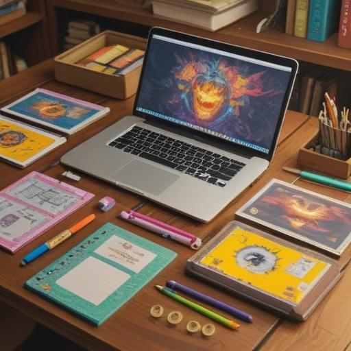 An organized collection of various items, neatly arranged on a wooden table, colorful sticky notes and folders, open laptop showing a document, a steaming cup of coffee, warm lighting, inviting workspace, 4k