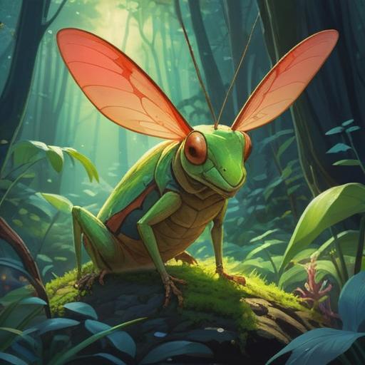 A serene illustration of a noble gentleman grasshopper, ethereal background, surrounded by vibrant nature, symbolizing growth and transformation, rays of light illuminating the scene, tranquil atmosphere, detailed textures, harmonious colors, conveying spiritual connections and wisdom, 4k