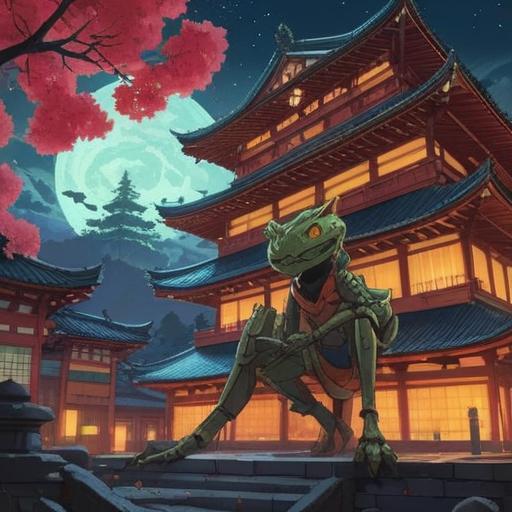 A serene and mystical scene featuring a samurai grasshopper perched on a traditional Japanese temple rooftop, surrounded by soft glowing orbs representing spiritual signs, gentle cherry blossom petals falling in the background, ethereal lighting creating a calming atmosphere, vibrant yet soothing color palette, intricate details in the grasshopper's body, traditional Japanese architecture, conveying a sense of peace and enlightenment, 4k