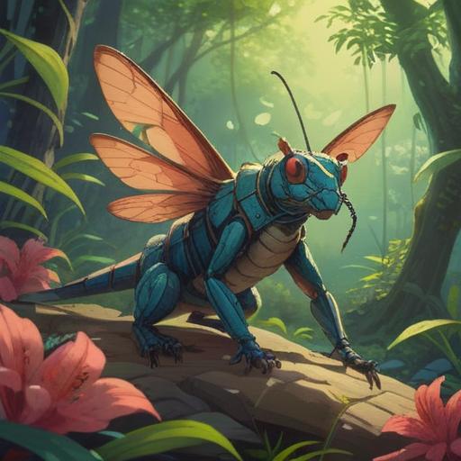 A serene nature scene featuring a samurai grasshopper, surrounded by vibrant foliage, mystical aura, clear sky, ethereal light, focusing on the grasshopper as a symbol of spiritual signs, detailed textures on the grasshopper, tranquil atmosphere, 4k