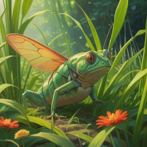 A serene scene of a lucky encounter with a king grasshopper in a vibrant meadow, sunlight filtering through the leaves, showcasing the grasshopper's intricate patterns and vibrant colors, emphasizing the feeling of luck, detailed flora surrounding the characters, whimsical atmosphere, harmonious nature, 4k