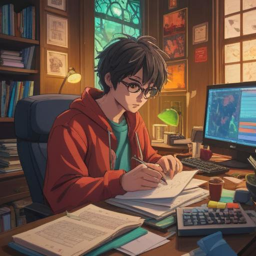 A motivational scene depicting a person preparing for a successful job change, surrounded by organized documents and a laptop, symbols of growth and opportunity like plants and a sunrise in the background, a calm atmosphere reflecting determination and readiness, warm lighting, focus on the character's expression of confidence, 4k