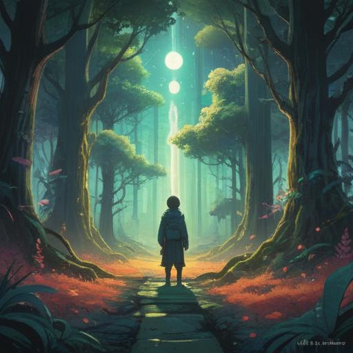 A contemplative scene depicting the transition of career, ethereal symbols representing spiritual signs, soft light filtering through trees, a person standing at a crossroads, surrounded by glowing orbs of energy, deep reflection and introspection, gentle colors, harmonious atmosphere, 4k