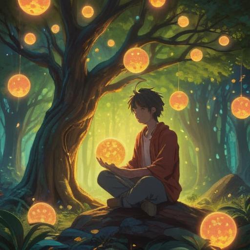 A symbolic representation of job searching, a person meditating under a tree, surrounded by glowing orbs of opportunity, light shining through leaves, serene expression on their face, cosmic energy flowing around, vibrant colors, ethereal atmosphere, 4k