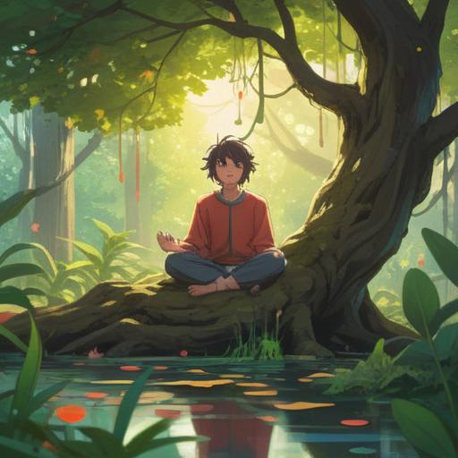 A serene illustration depicting a person meditating under a tree, surrounded by floating symbols of career opportunities, soft light filtering through the leaves, a sense of calm and clarity, vibrant energy flowing around, positive aura, spiritual guidance, 4k