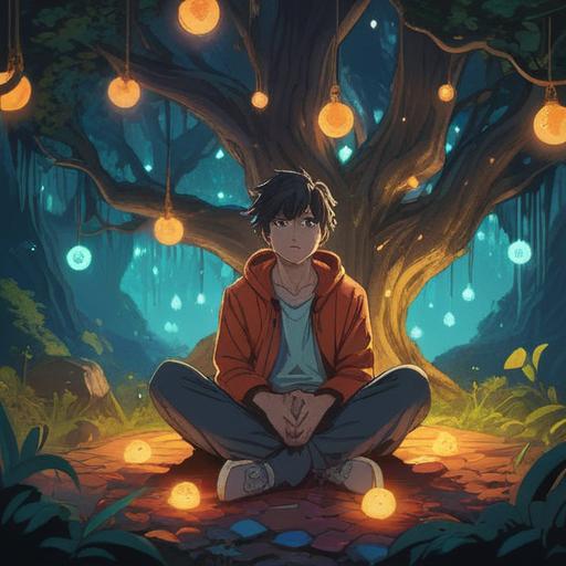 A serene scene depicting a person sitting cross-legged under a mystical tree, surrounded by glowing orbs of light representing spiritual signs, calming colors, gentle light filtering through leaves, a sense of tranquility and guidance, a path leading forward symbolizing new beginnings, ethereal ambiance, 4k
