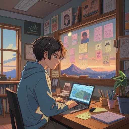 A serene and uplifting scene, a person sitting at a desk with a laptop, surrounded by motivational quotes on sticky notes, a warm cup of tea by their side, soft natural light filtering through a window, an open notebook filled with ideas, a sense of encouragement and hope in the air, gentle colors, peaceful atmosphere, emotional support, 4k