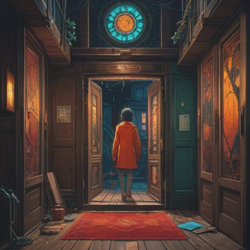 A thoughtful illustration representing the spiritual meaning of frequent job changers, vibrant colors, abstract symbolism, a person surrounded by various doors symbolizing opportunities, a serene aura, ethereal elements like light and energy, cosmic patterns in the background, contemplative expression, 4k