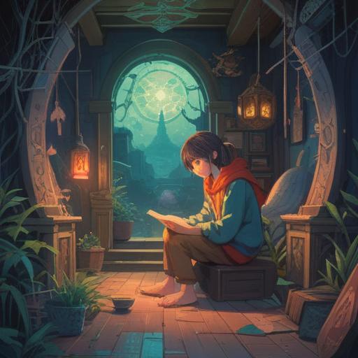 A serene and mystical illustration, a person contemplating a career change, surrounded by ethereal symbols and signs, gentle light illuminating the scene, a crossroads with different paths, spiritual animals guiding the decision, a sense of introspection and clarity, calming colors, dreamlike atmosphere, 4k