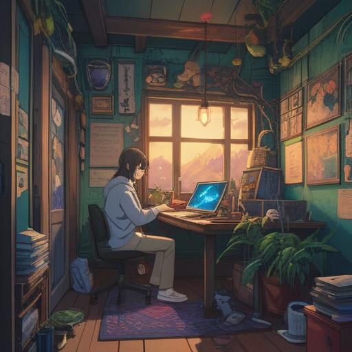 A serene and focused workspace, a person sitting at a desk with a laptop, surrounded by motivational quotes on the wall, a vision board with career goals, peaceful sunlight filtering through the window, a calming color palette, symbols of growth and success like plants and books, 4k