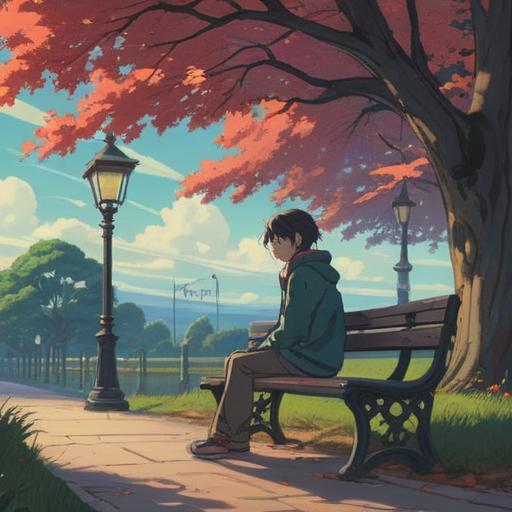 A person sitting alone on a park bench, looking down with furrowed brows, a cloudy sky looming overhead, metaphorical shadows creeping in around them, trees swaying gently in the wind, autumn leaves scattered around, emotional expression of worry, muted colors, deep sense of unease, 4k