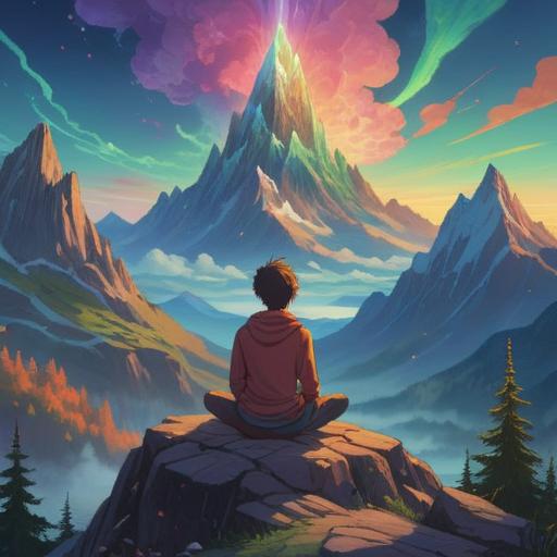A serene landscape depicting a spiritual journey, ethereal light illuminating the surroundings, a person meditating on a mountain peak, vibrant auroras in the sky, a sense of tranquility and connection to nature, symbols of enlightenment scattered throughout the scene, lush flora surrounding the area, 4k