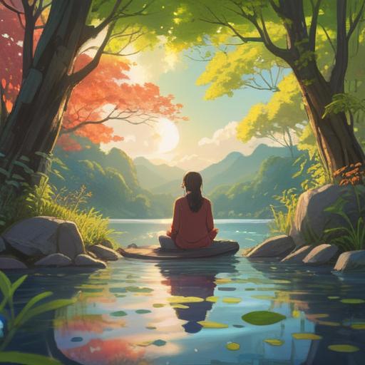 A serene illustration of a calm person practicing mindfulness, surrounded by nature, gentle sunlight filtering through leaves, deep breathing exercises, peaceful lake, soothing colors, relaxing atmosphere, harmonious environment, 4k