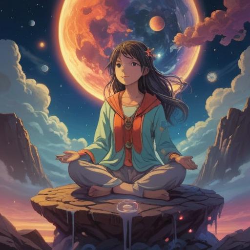 A mystical representation of career change intuition, ethereal glow, a person meditating under a celestial sky, surrounded by inspirational symbols, vibrant energy flow, serene atmosphere, harmonious balance, guidance from spiritual realms, 4k